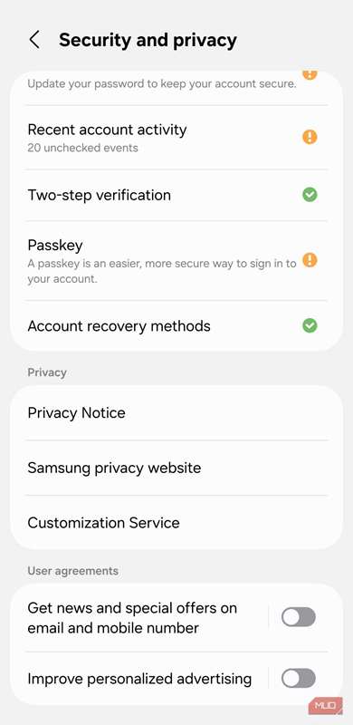 منوی تنظیمات حساب در گوشی سامسونگ