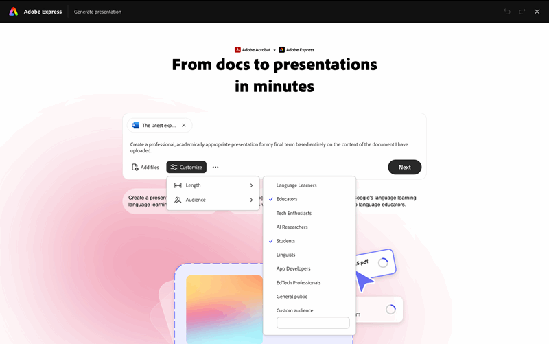 تنظیم مخاطب ویژگی تولید ارائه ادوبی با گزینههای انتخابشده