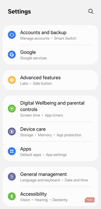 منوی ویژگی‌های پیشرفته در گوشی سامسونگ
