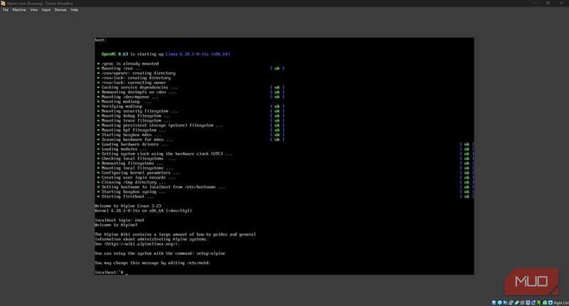 لینوکس Alpine در حال اجرا بر روی VirtualBox