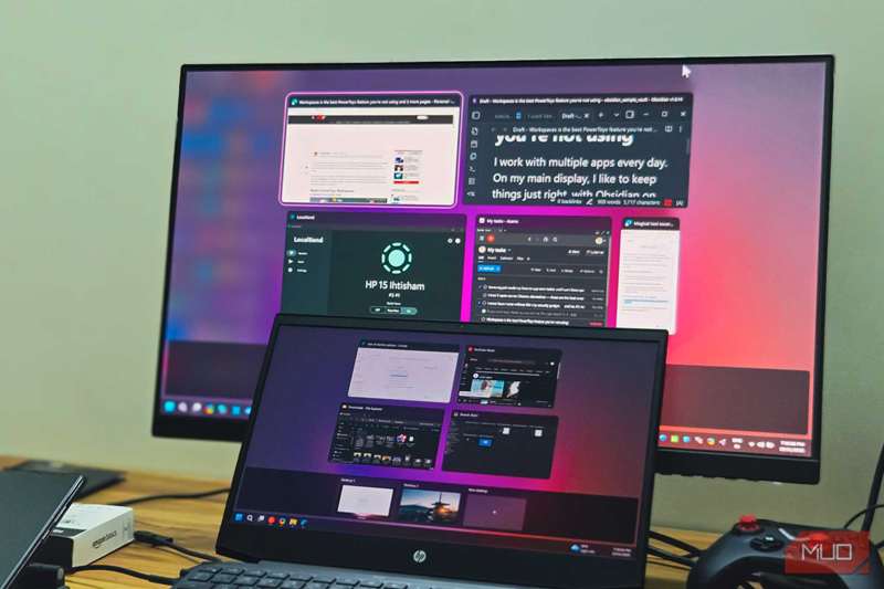 لپتاپ HP و مانیتور BENQ با نمایشگر دوگانه روی میز چوبی