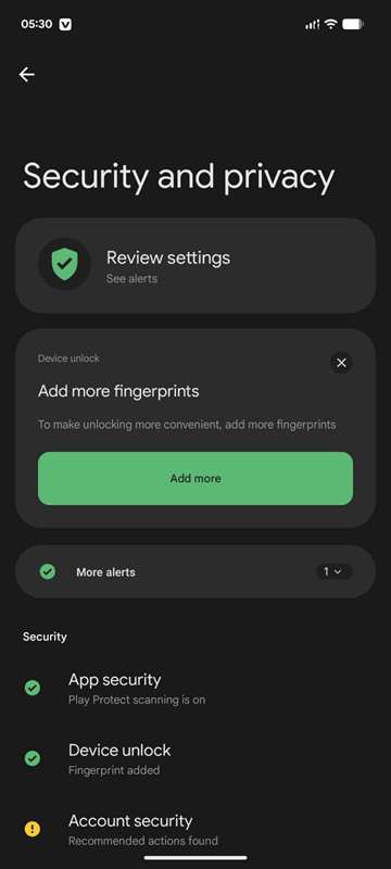 صفحه تنظیمات امنیت و حریم‌خصوصی اندروید