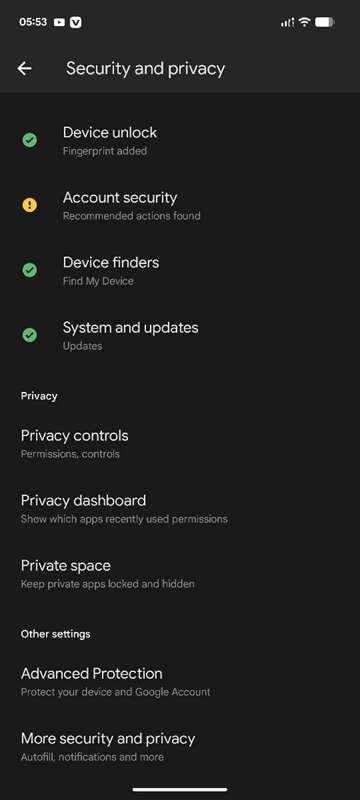 تنظیمات و حریم‌خصوصی اندروید
