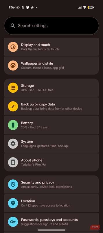 منوی تنظیمات اندروید در پیکسل 9a.