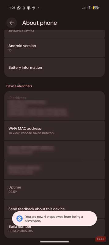 تنظیمات اندروید با درخواست حالت توسعه‌دهنده.