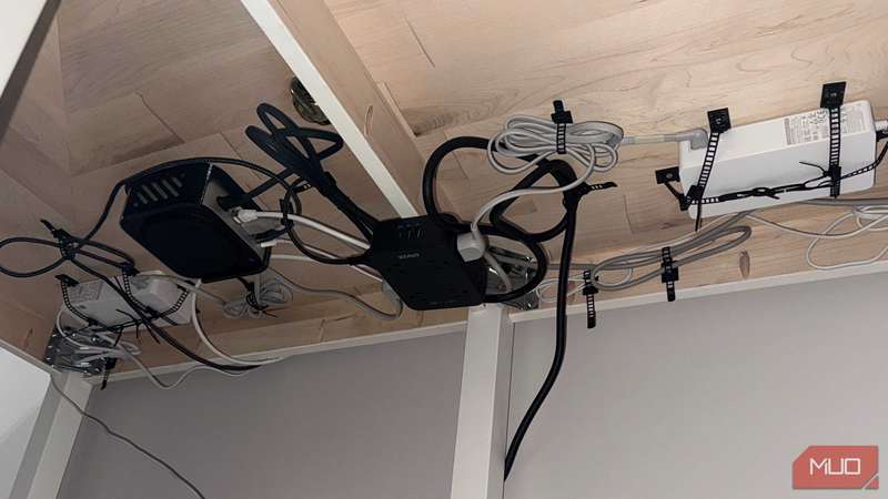 نوار برق انکر نصب شده زیر میز با مک مینی قابل مشاهده