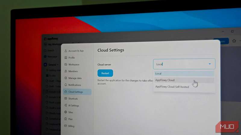 تنظیمات ابر AppFlowy باز بر روی ویندوز ۱۱