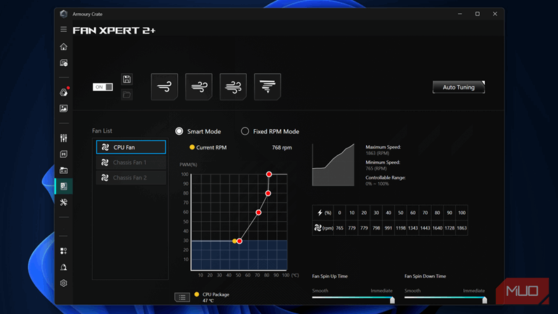 نرم‌افزار ASUS Fan Xpert در Armoury Crate که منحنی سفارشی‌سازی‌شده فن CPU را نشان می‌دهد