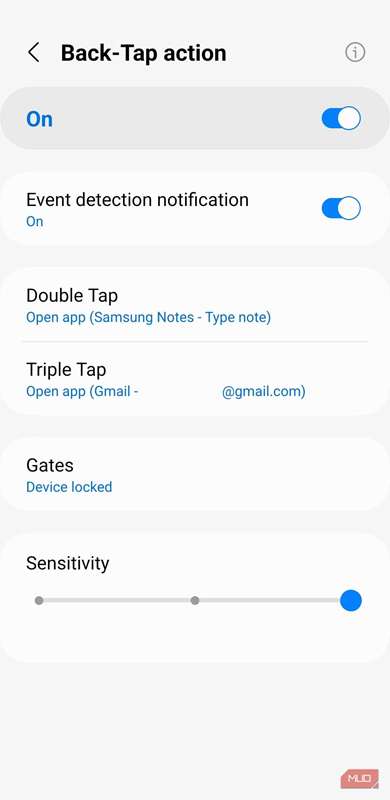 منوی اقدام ضربه پشت بر روی تلفن سامسونگ