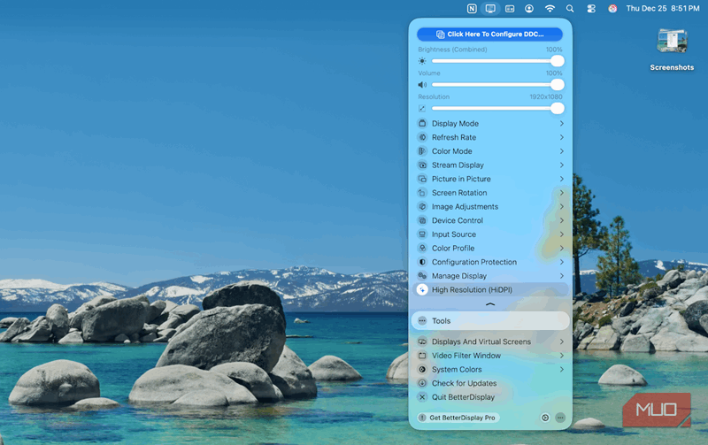 تنظیمات HiDPI BetterDisplay بر روی macOS