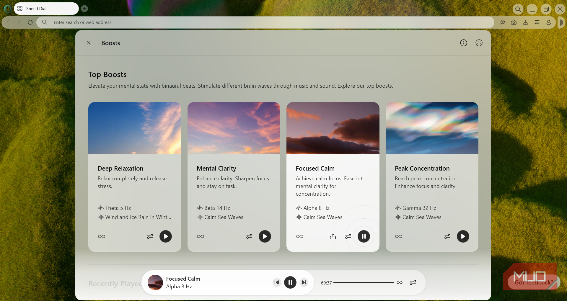 منوی موسیقی Boost در Opera Air.
