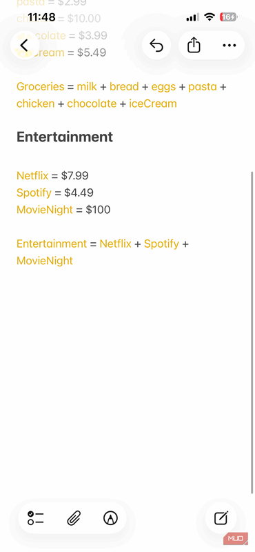 محاسبه بودجه سرگرمی در Apple Notes بر روی آیفون