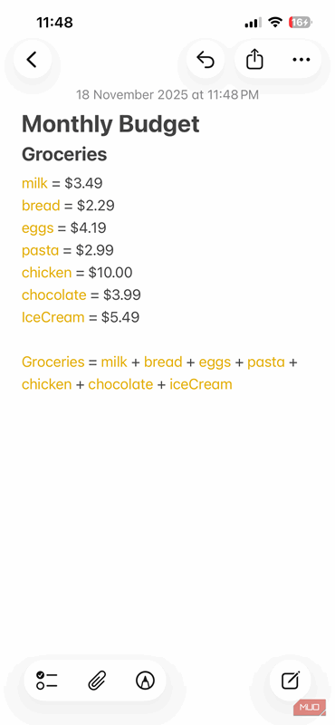 محاسبه هزینه خریدها در Apple Notes بر روی آیفون