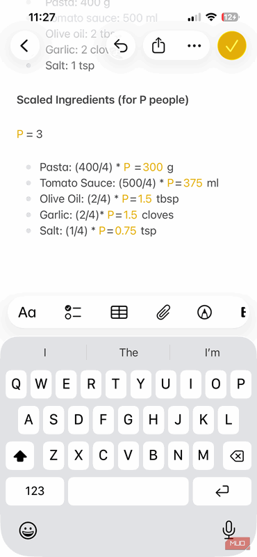 محاسبه مواد مقیاس‌دار در Apple Notes بر روی آیفون