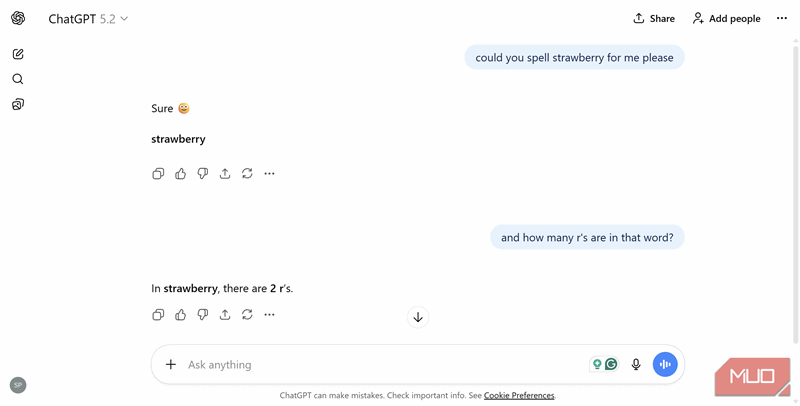 چتجیپیتی 5.2 نمیتواند کلمه استرابری را درست بنویسد.