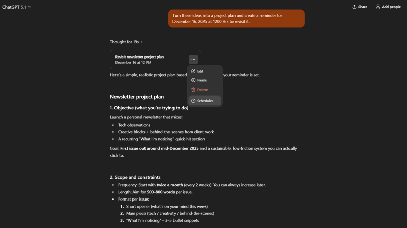 زمان‌بندی یک یادداشت به‌عنوان وظیفه در ChatGPT
