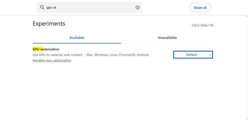 پرچم فعال‌سازی رسترایزیشن GPU در Chrome.