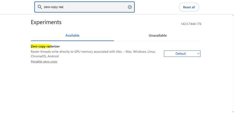 پرچم فعال‌سازی رسترایزر صفر‑کپی در Chrome.
