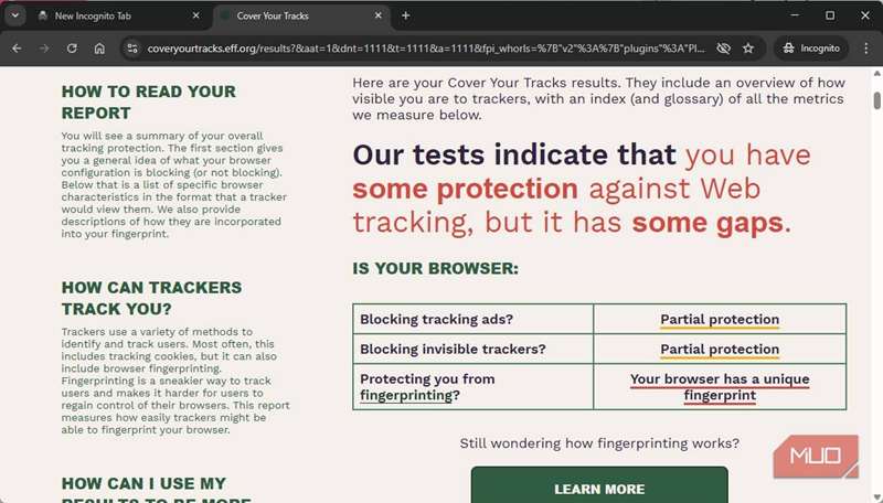 نتایج تست ردیاب اثر انگشت مرورگر Chrome