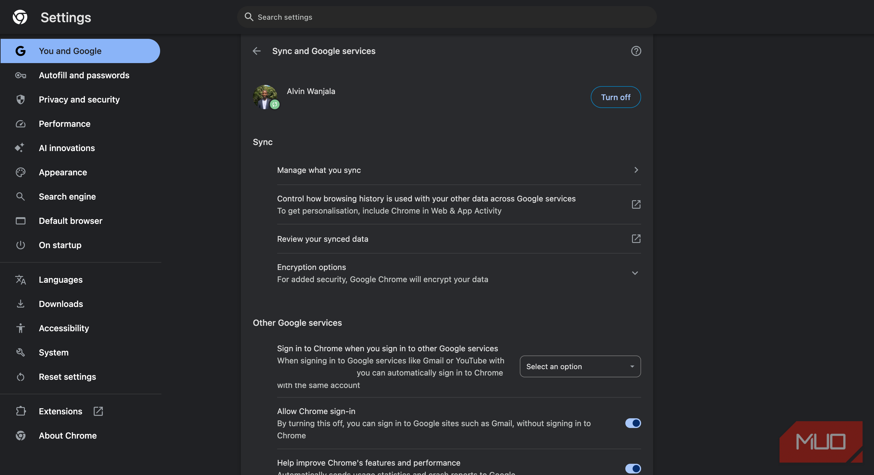 صفحه تنظیمات Chrome Sync
