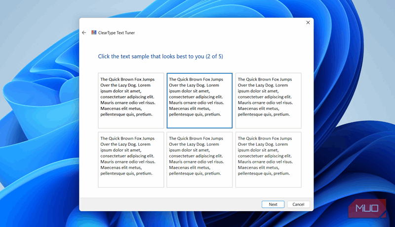 نمونه‌های متن ابزار ClearType Text Tuner بر روی کامپیوتر