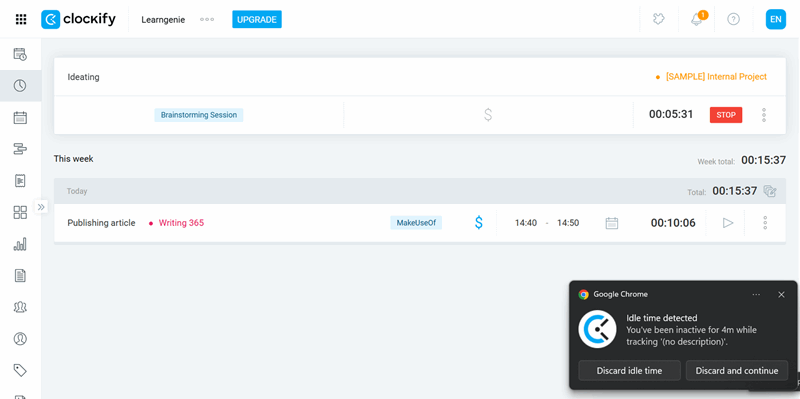 زمان بیکار Clockify