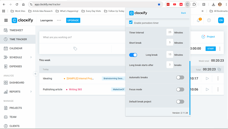 تایمر پومودورو Clockify