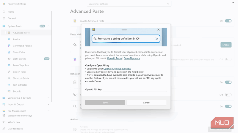 پیکربندی کلید API هوش مصنوعی در Advanced Paste.