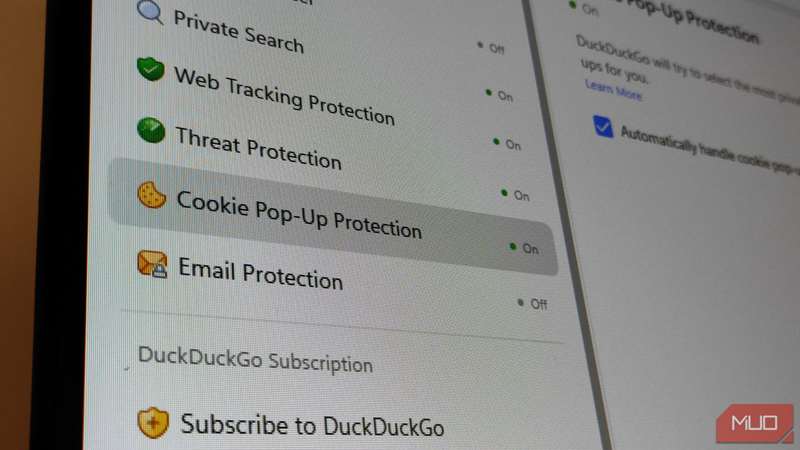 محافظت از پنجرهٔ پاپ‑آپ کوکی در تنظیمات DuckDuckGo.