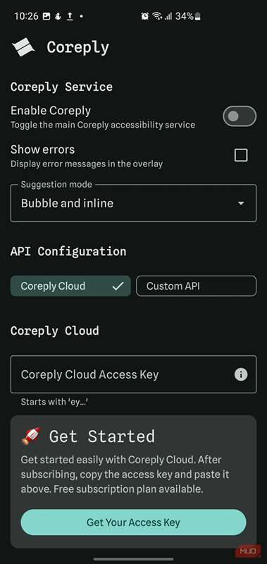صفحه تنظیمات برنامه Coreply که گزینه‌های فعال‌سازی سرویس را نشان می‌دهد.