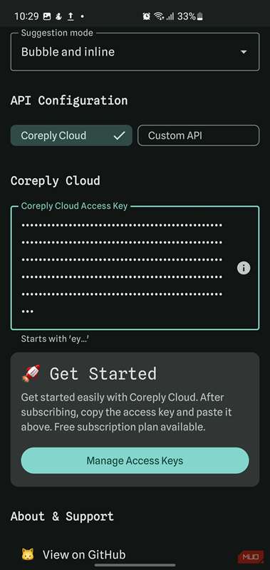 تنظیمات برنامه Coreply با فیلد کلید دسترسی Coreply Cloud پر شده.