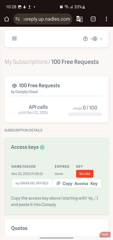 داشبورد Coreply Cloud که اشتراک فعال برای ۱۰۰ درخواست رایگان را نشان می‌دهد.