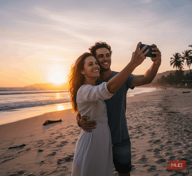 زوجی که سلفی در ساحل می‌گیرد