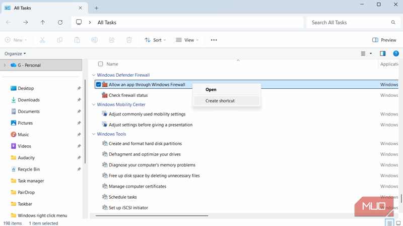 گزینه ایجاد میانبر در God Mode