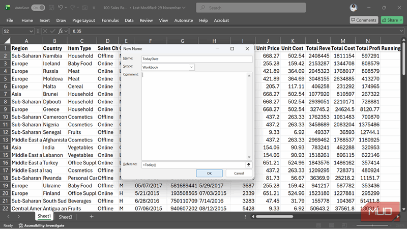تعریف یک محدوده نام‌دار برای تاریخ روز فعلی در اکسل