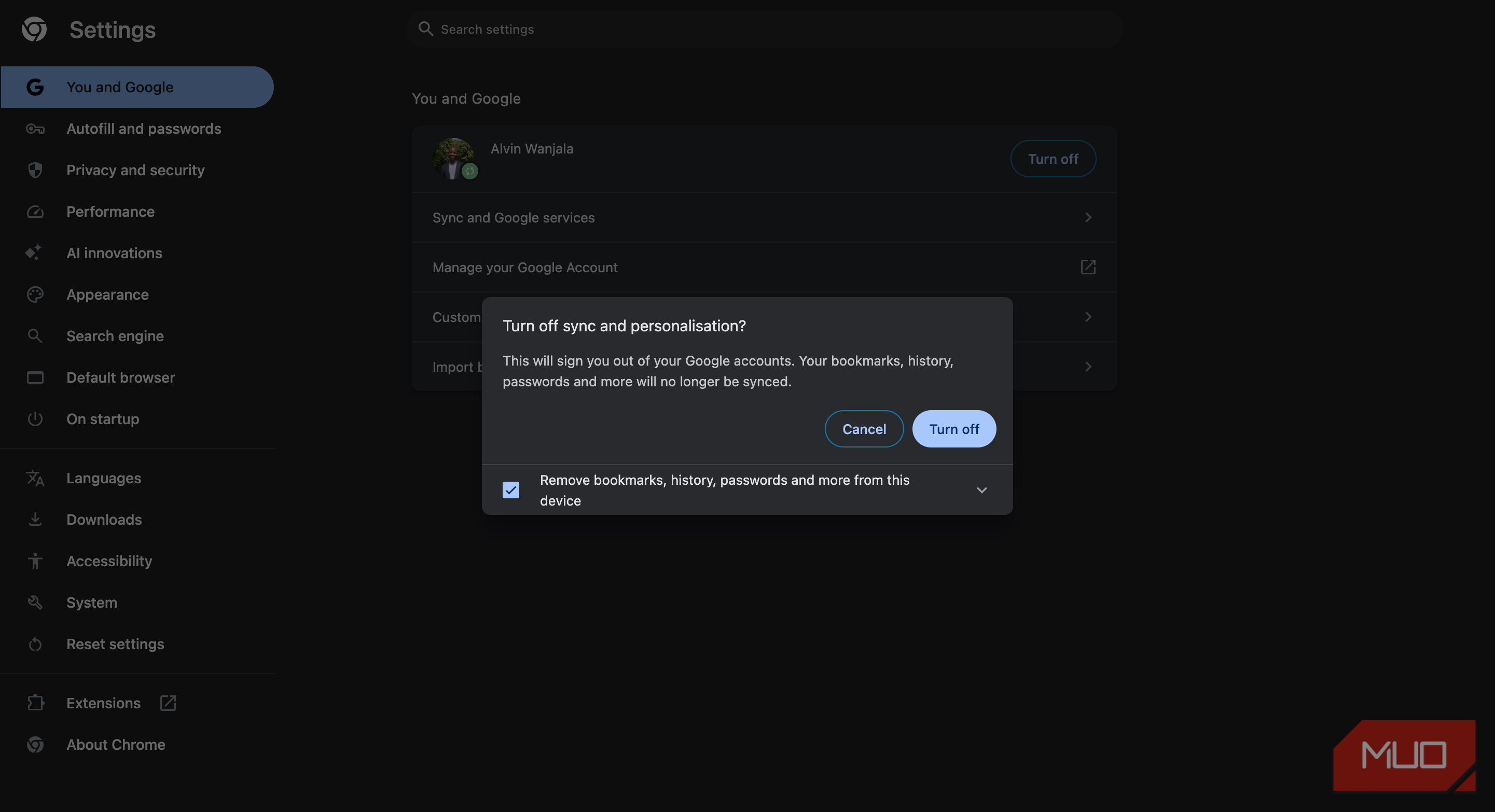 غیر فعالسازی ویژگی همگامسازی Google Chrome با گزینه حذف دادهها انتخابشده