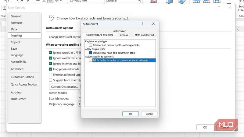 غیرفعالسازی ویژگی ایجاد سلولهای جدول محاسبه خودکار در Excel