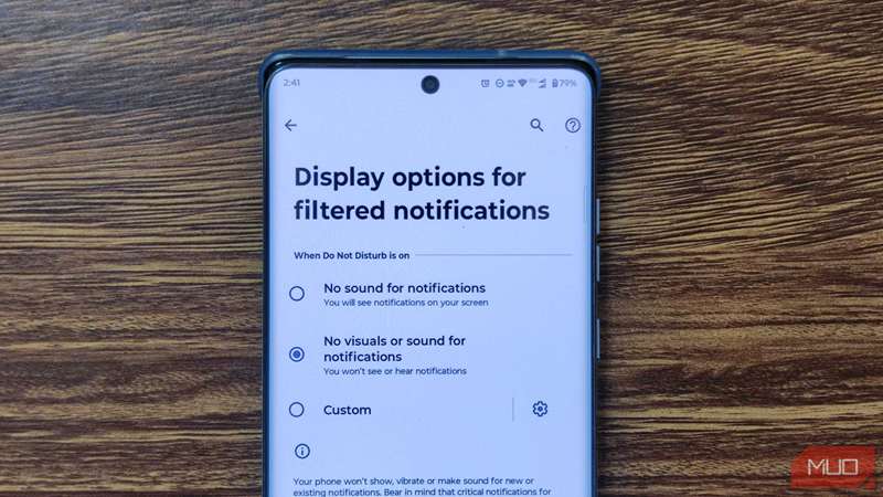 گزینهٔ نمایش برای فیلتر کردن اعلان‌ها در تنظیمات DND.