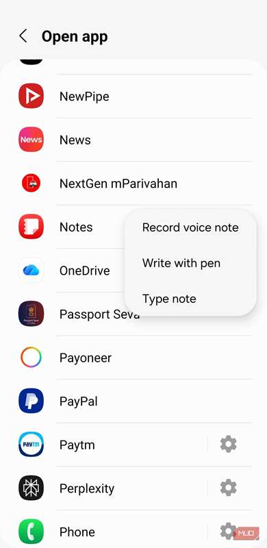 منوی اقدام ضربه دو بار پشت بر روی تلفن سامسونگ