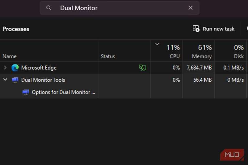 Microsoft Edge و Dual Monitor Tools در صفحهٔ مدیر کارها در ویندوز ۱۱
