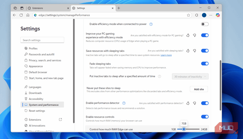تنظیمات عملکرد Edge