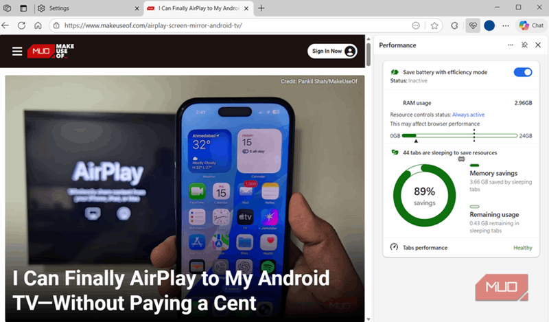 نمایش برگه‌های عملکرد Edge