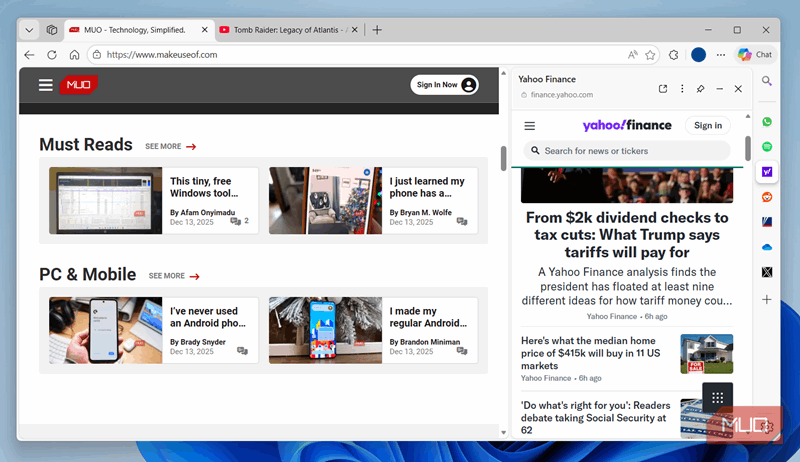 نوار کناری Edge که اخبار یاهو را نمایش می‌دهد