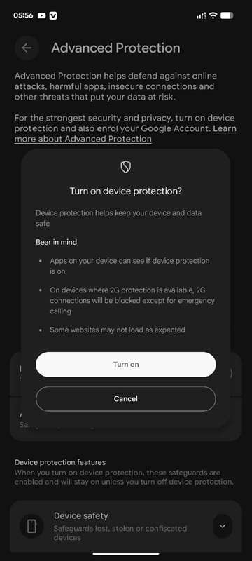 تایید فعال‌سازی حفاظت دستگاه در اندروید