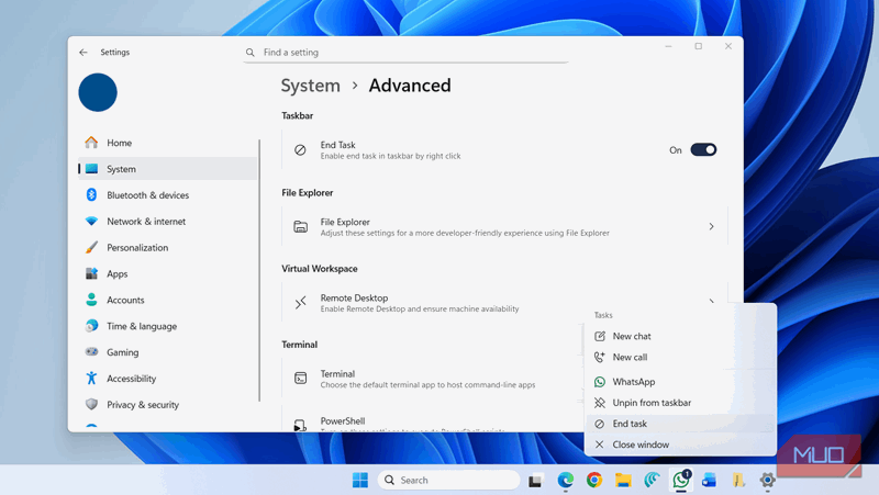 گزینه پایان کار در نوار وظیفه