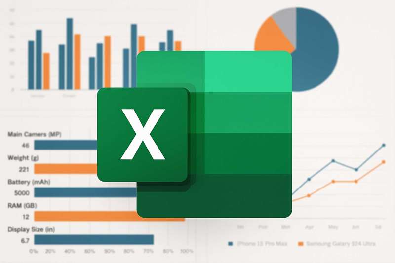 لوگوی Excel با گروهی از نمودارها در پس‌زمینه