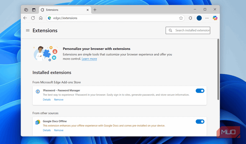 منوی افزونه‌ها در Edge