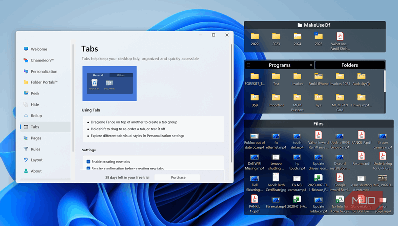 ویژگی برگه‌های Fences روی دسکتاپ