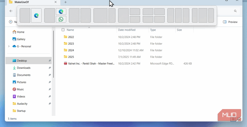 پنجره فایل اکسپلورر نشان‌دهنده گزینه‌های چیدمان اسنپ