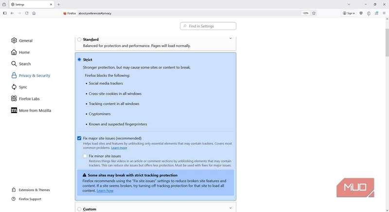 تنظیمات محافظت سخت مرورگر فایرفاکس